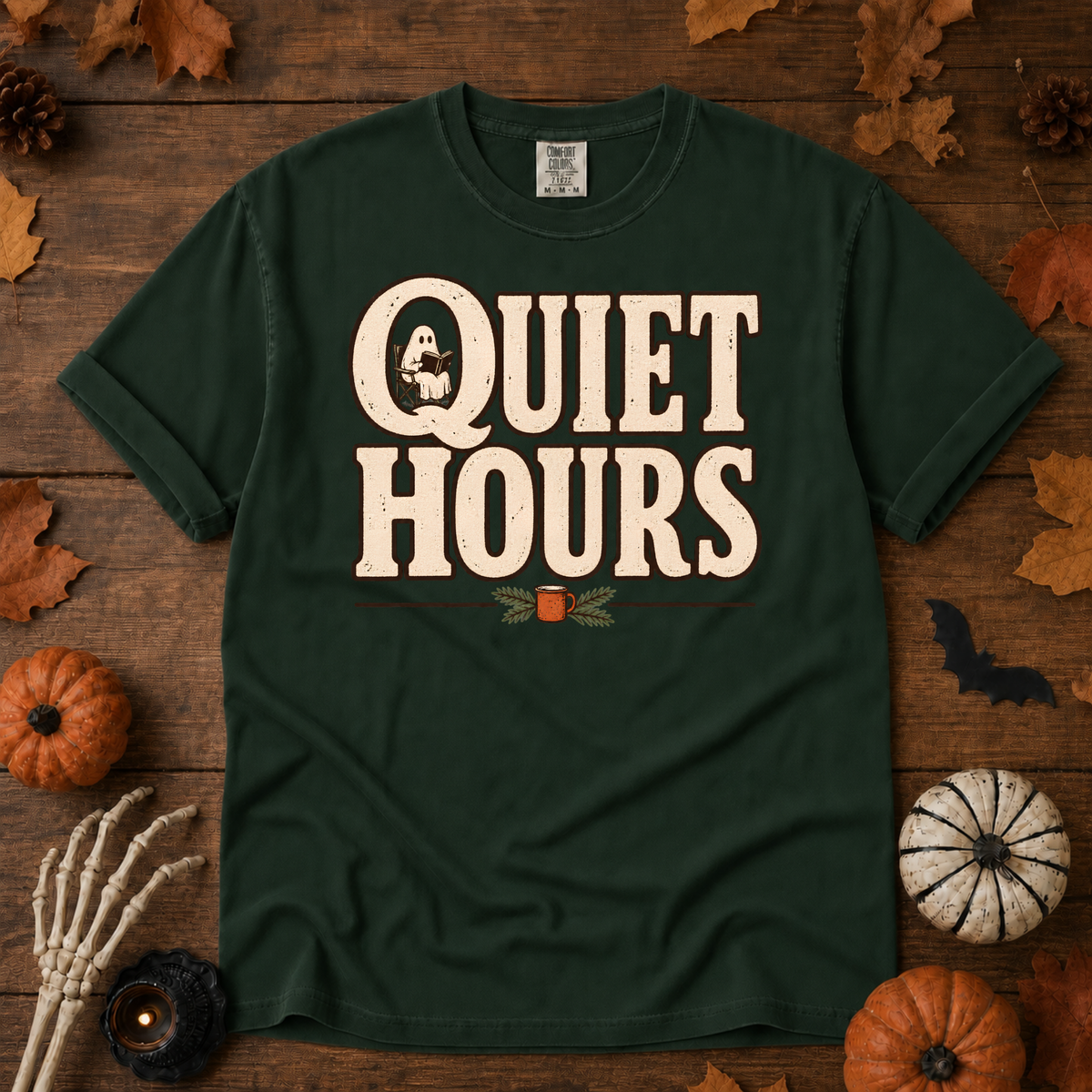 Quiet Hours book lover t-shirt in Moss — garment-dyed Comfort Colors 1717, Trail & Ember Co.