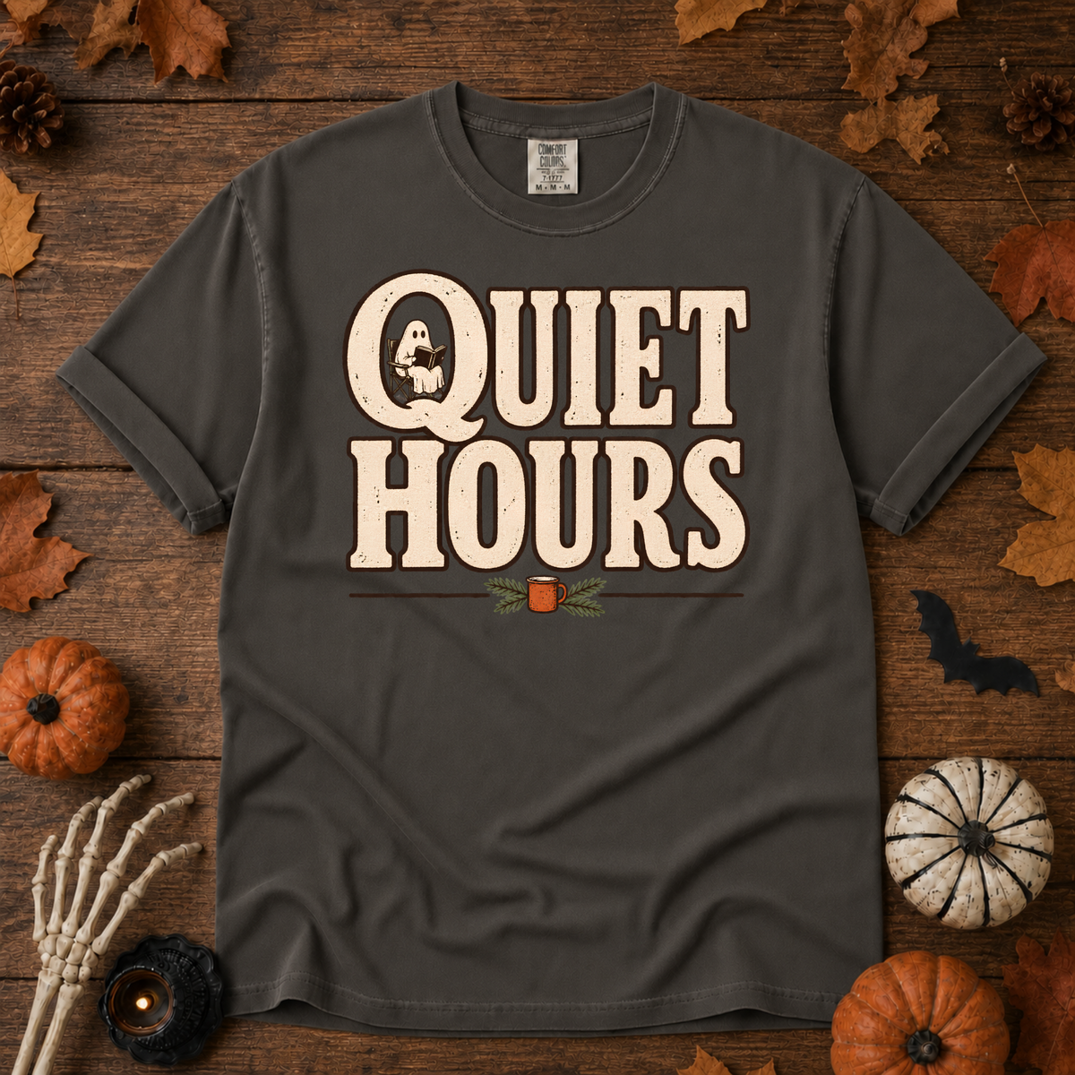 Quiet Hours book lover t-shirt in Pepper — garment-dyed Comfort Colors 1717, Trail & Ember Co.