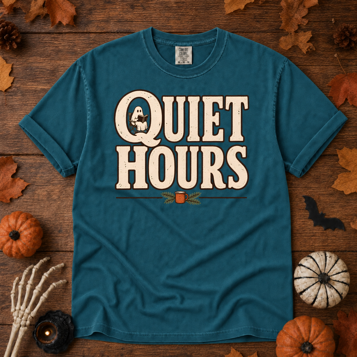 Quiet Hours book lover t-shirt in Topaz Blue — garment-dyed Comfort Colors 1717, Trail & Ember Co.