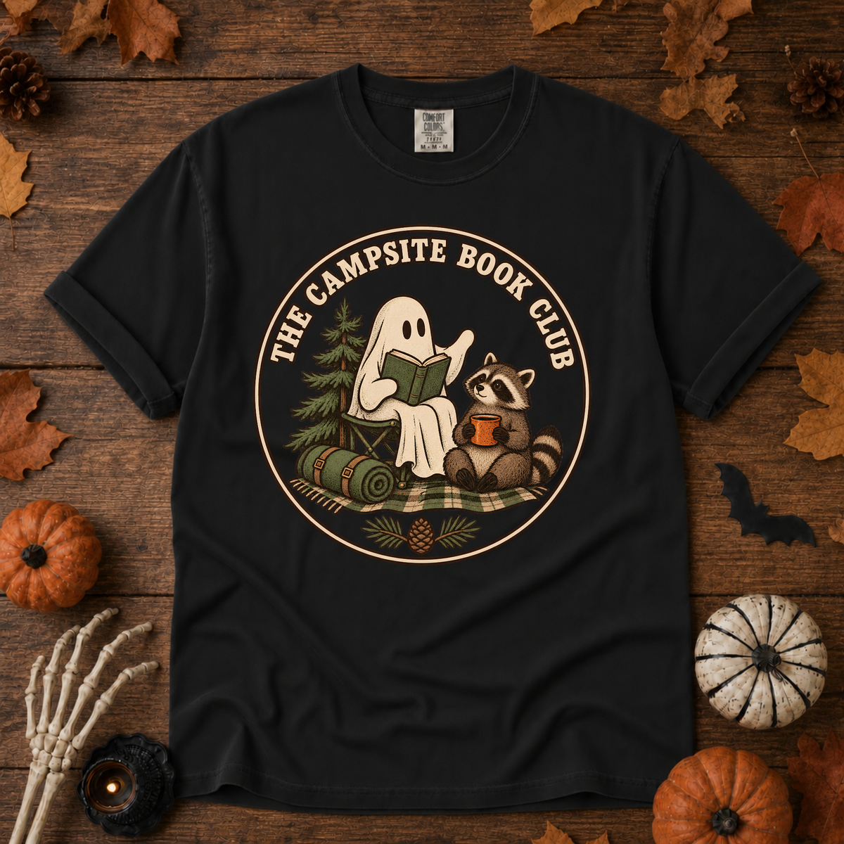 The Campsite Book Club t-shirt in Black — garment-dyed Comfort Colors 1717, Trail & Ember Co.