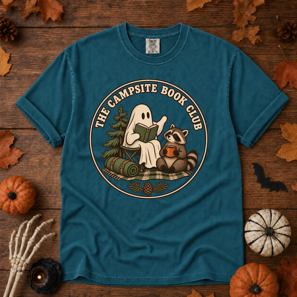 The Campsite Book Club t-shirt in Topaz Blue — garment-dyed Comfort Colors 1717, Trail & Ember Co.