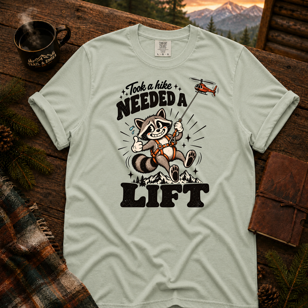 Bay Comfort Colors T-shirt with Took a Hike, Needed a Lift raccoon and rescue helicopter design.