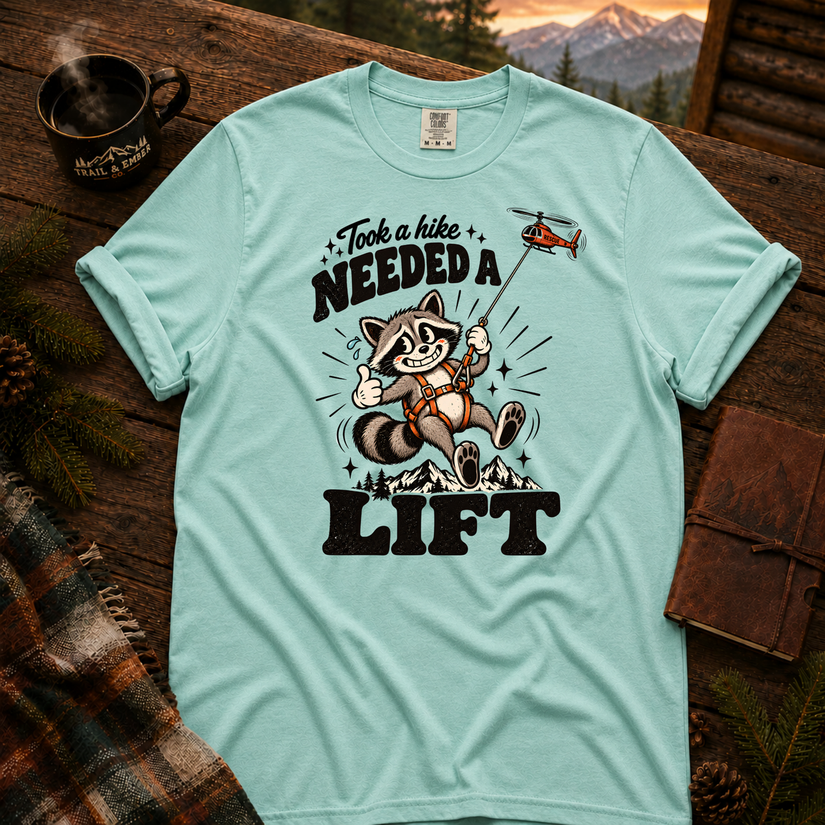Chalky Mint Comfort Colors T-shirt with Took a Hike, Needed a Lift raccoon and rescue helicopter design.