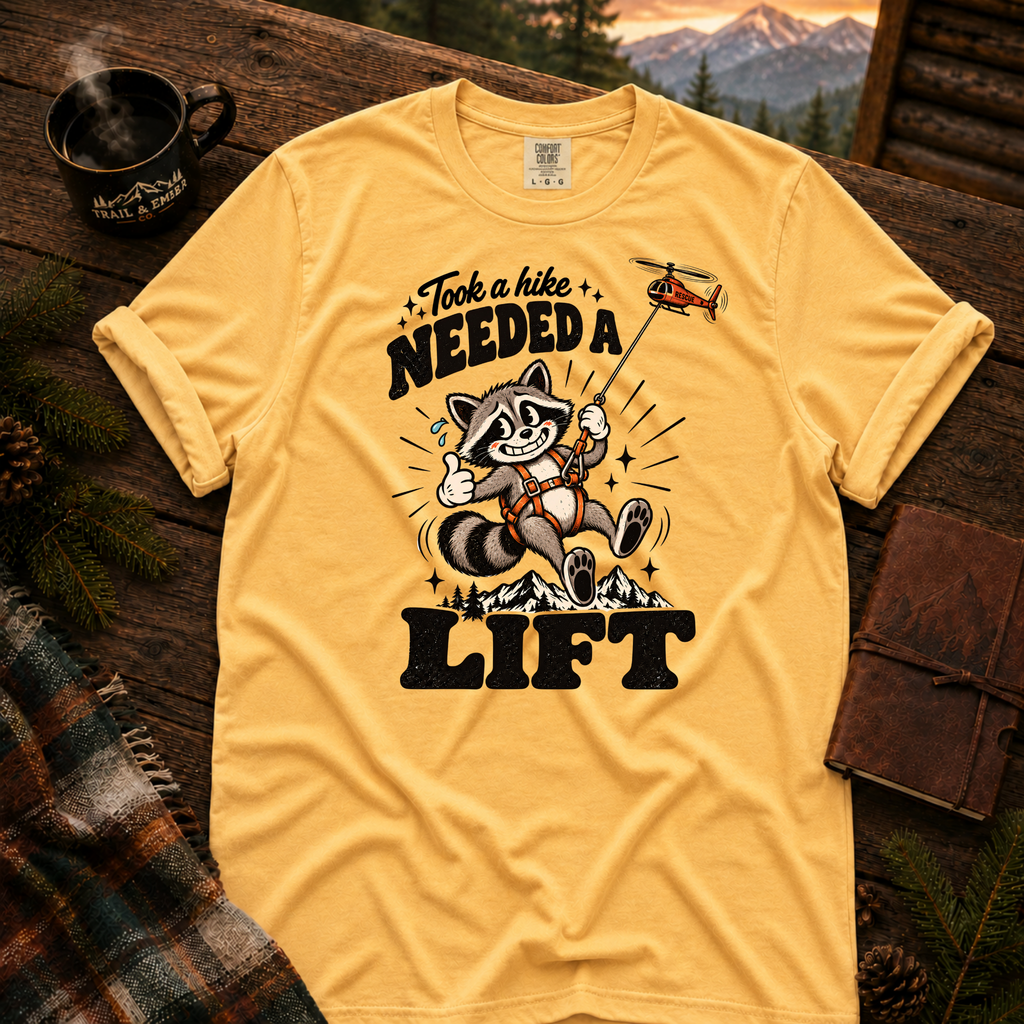 Citrus Comfort Colors T-shirt with Took a Hike, Needed a Lift raccoon and rescue helicopter design.
