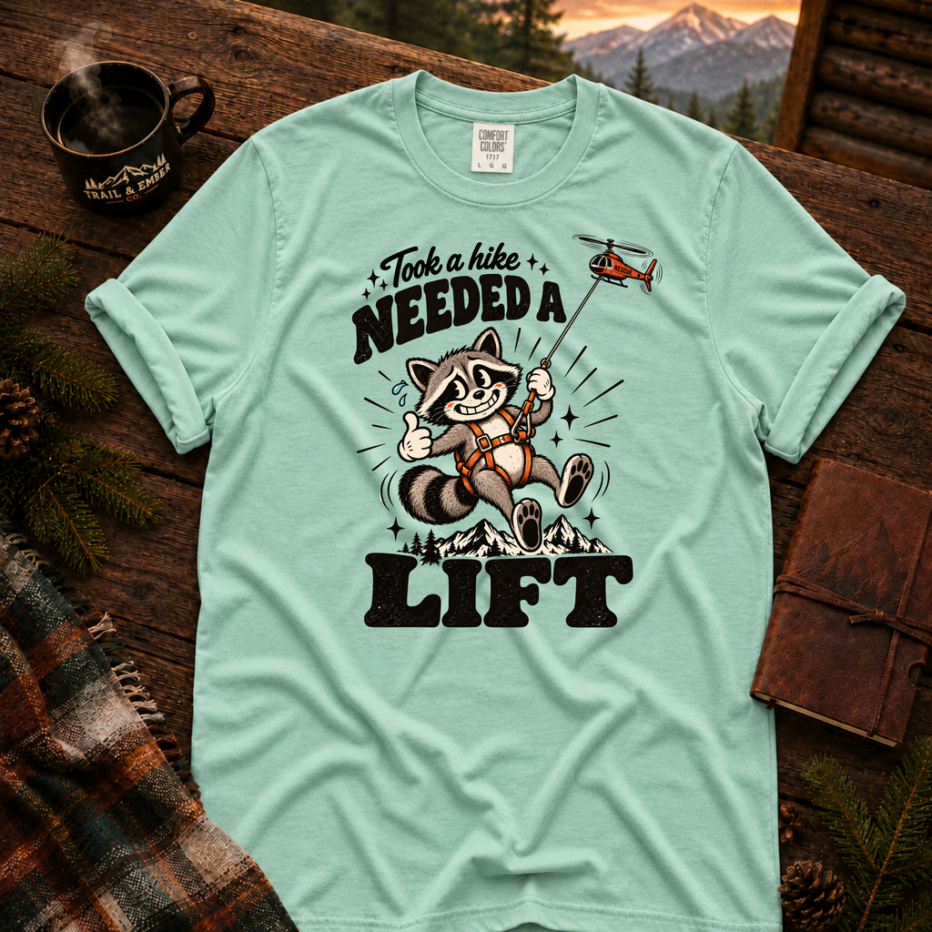 Island Reef Comfort Colors T-shirt with Took a Hike, Needed a Lift raccoon and rescue helicopter design.