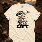 Ivory Comfort Colors T-shirt with Took a Hike, Needed a Lift raccoon and rescue helicopter design.